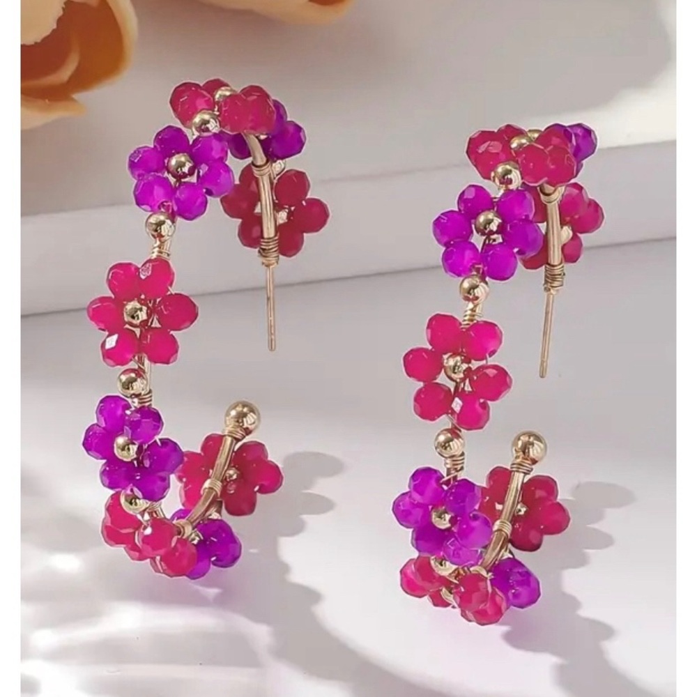 🆕 Handcrafted Gold, Purple & Pink Beaded Flower Stainless Steel Hoop Earrings